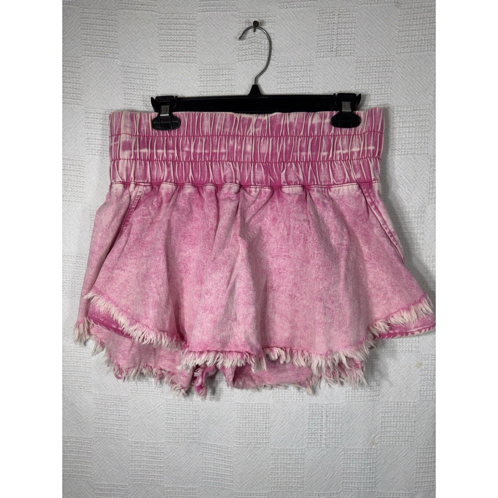 Peach Love Pink‎ Washed Wide Smocked Waistband Frayed Denim Shorts/Skirt Size M